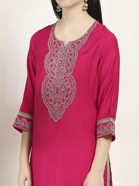 Floral Yoke Design Thread Work Straight Kurta with Trouser & Dupatta