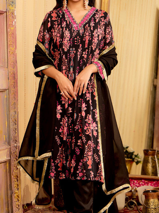 Jaipur Kurti Floral Printed V-Neck A-Line Kurta With Trousers And Dupatta