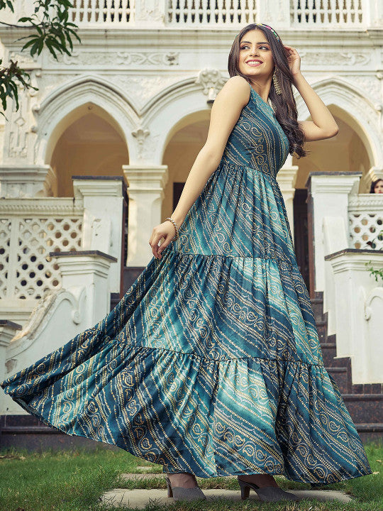 CHANSI Bandhani Printed V Neck Ethnic Dressess