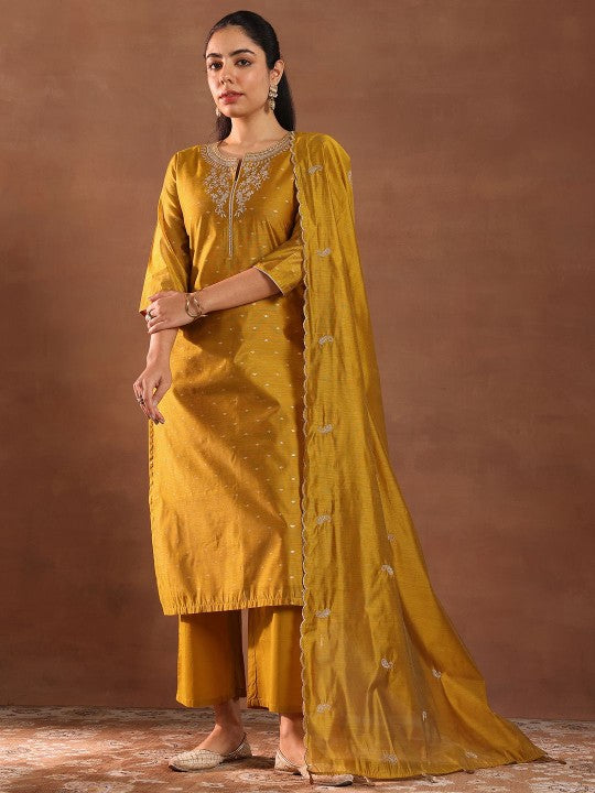 Floral Woven Design Thread Work Chanderi Silk Kurta