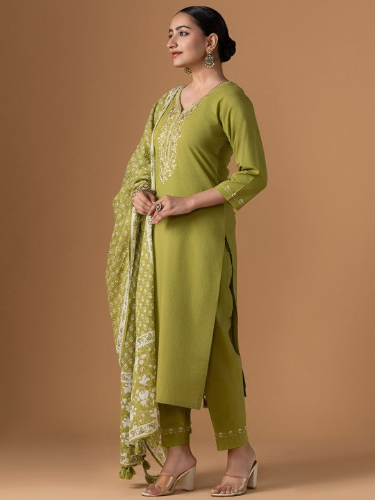 WOMEN PLUS Women Ethnic Motifs Printed Cotton Kurta with Trousers & Dupatta