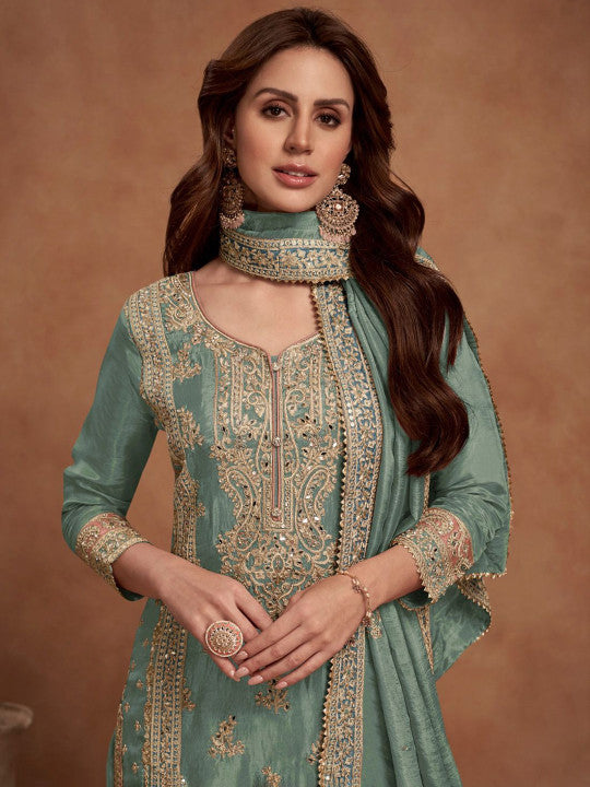 SURATSUIT Women Floral Embroidered Regular Mirror Work Kurta with Palazzos & With Dupatta