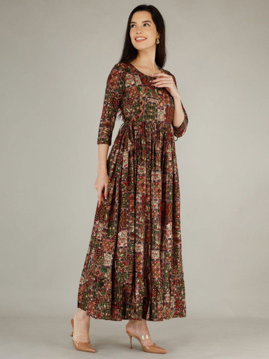 SupBir Foil Printed Maternity Maxi Ethnic Dress