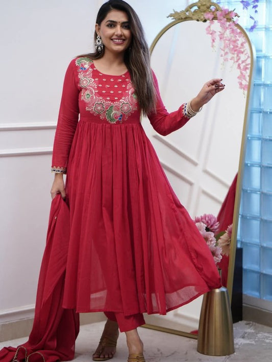 VKOM'S Women Floral Printed Festive Cotton Anarkali Kurta Set