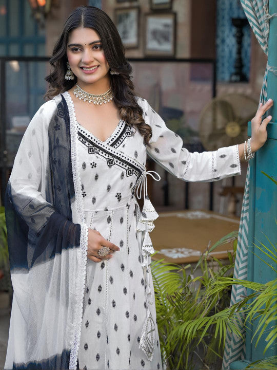 Aavanya White Cotton Bead & Stone Work V-Neck Anarkali Kurta & Trouser With Dupatta