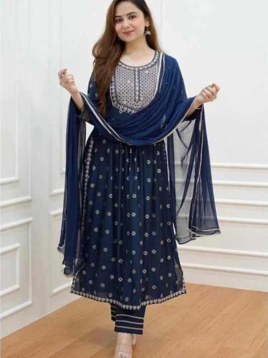 13-Star Floral Embroidered Round Neck Pleated Anarkali Kurta With Trousers & Dupatta
