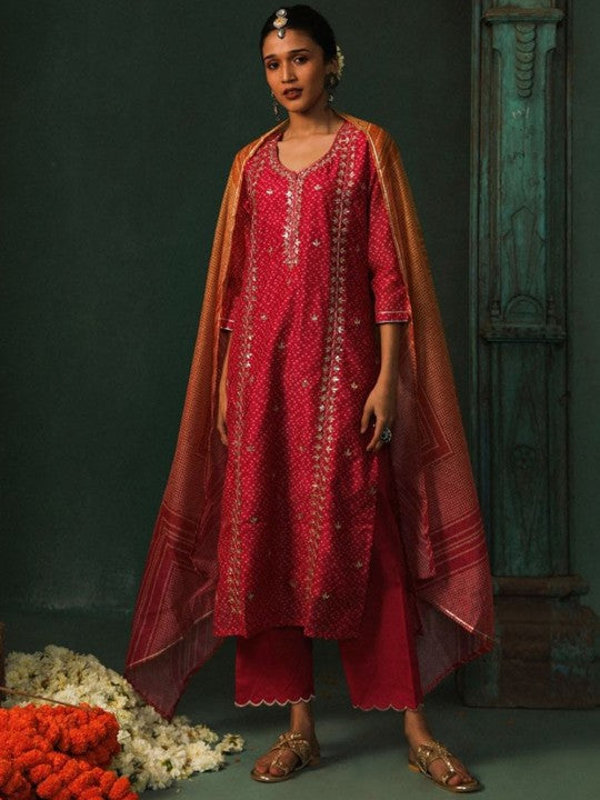 Heritage Bandhani Printed Notch Neck Gotta Patti Pure Cotton Kurta & Trouser With Dupatta