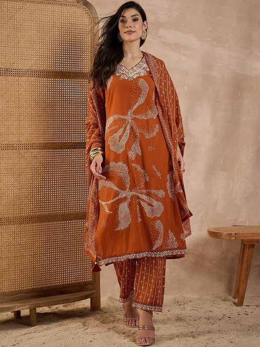 CHETI Women Ethnic Motifs Printed Cotton Kurta with Trousers & Dupatta