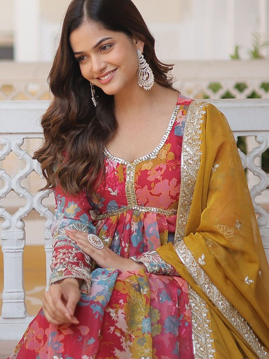 Fashion Basket Floral Printed Embroidered Round Neck Anarkali Kurta