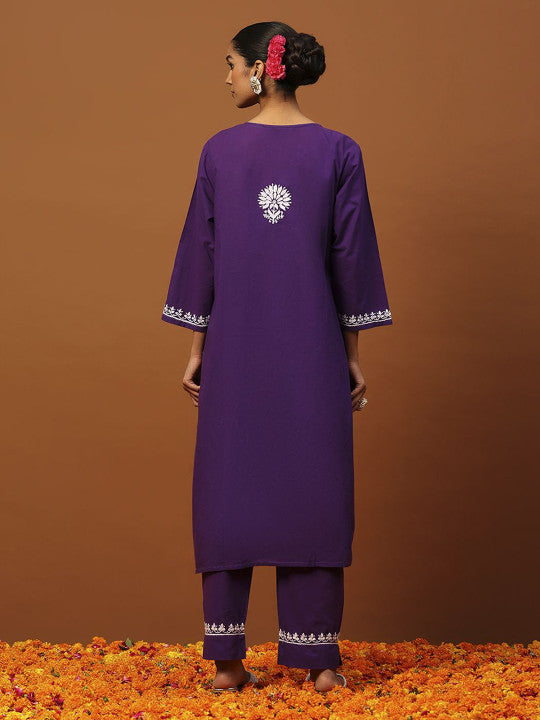 House of Chikankari Women Floral Embroidered Cotton Kurta with Trousers