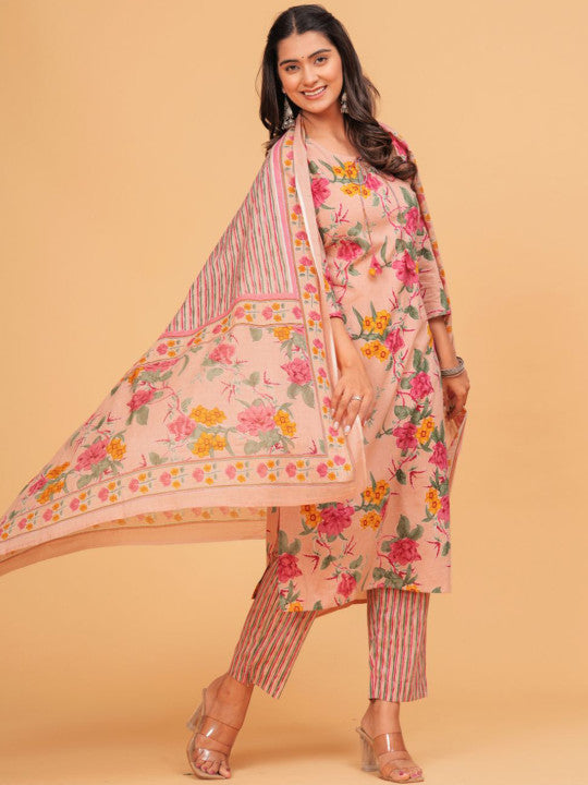 TANISHA Floral Printed Tie-Up Neck Straight Kurta With Trousers And Dupatta