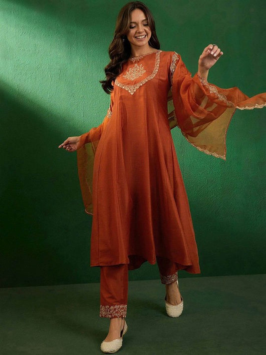 Trendmalls Floral Embroidered Panelled Sequinned A-Line Kurta