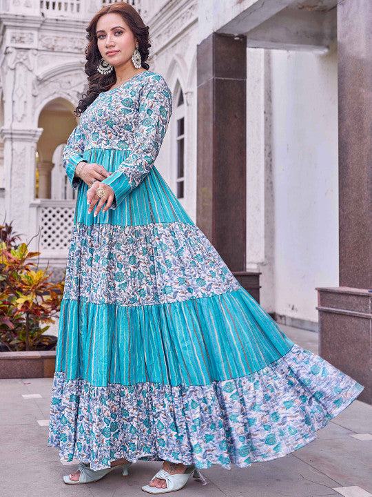 CHANSI Floral Printed Pleated Flared Maxi Dress