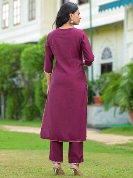 Aralia Floral Embroidered Mirror Work V-Neck Kurta With Trousers & Dupatta