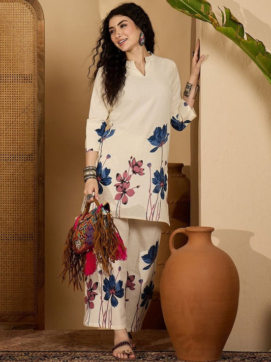 Floral Printed Pure Cotton Tunic With Trouser