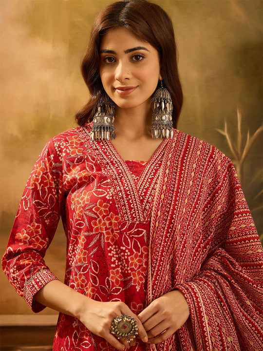 Floral Printed V-Neck Sequinned Cotton Straight Kurta With Trouser & Dupatta