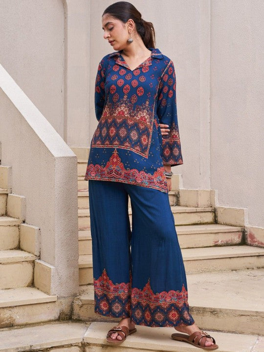 AUTUMN LANE Kabool Nileblue Printed Pure Cotton Tunic With Palazzo Co-Ords