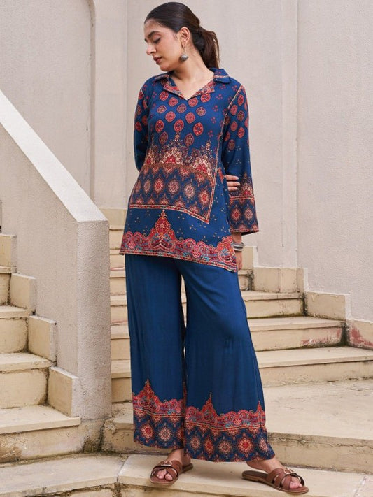 AUTUMN LANE Kabool Nileblue Printed Pure Cotton Tunic With Palazzo Co-Ords