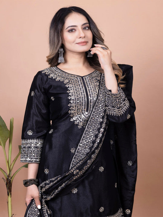 TEEYA CREATION Floral Embroidered Thread Work Kurta With Sharara & Dupatta