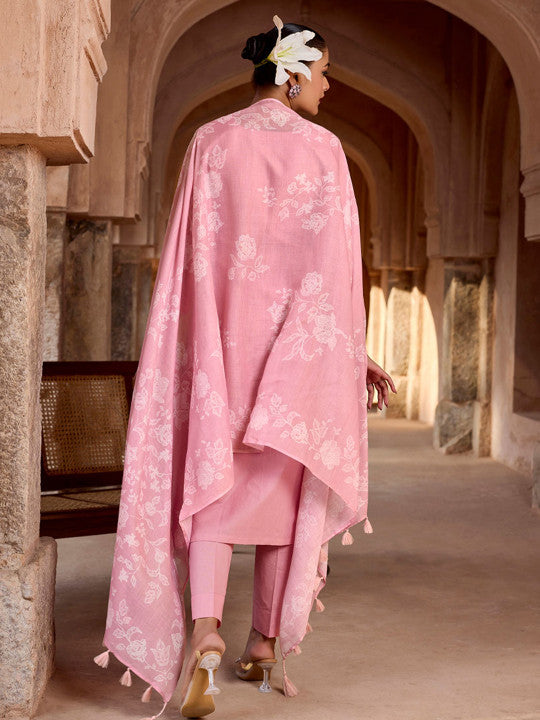 WOMEN PLUS Women Floral Printed Cotton Kurta with Trousers & Dupatta