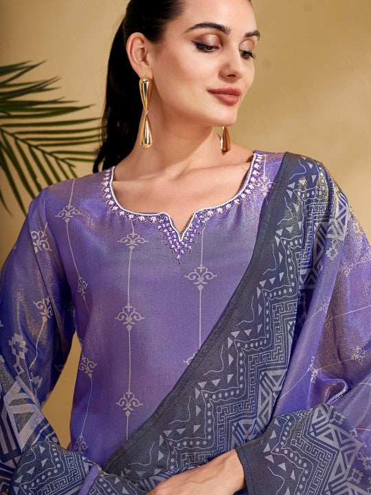 AVITRA Geometric Printed Notch Neck Beads And Stones Kurta With Trousers & Dupatta