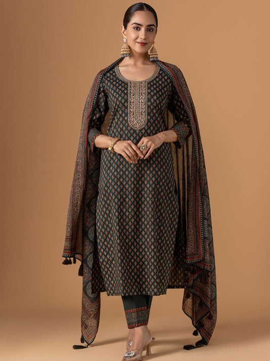 WOMEN PLUS Women Ethnic Motifs Printed Cotton Kurta with Trousers & Dupatta