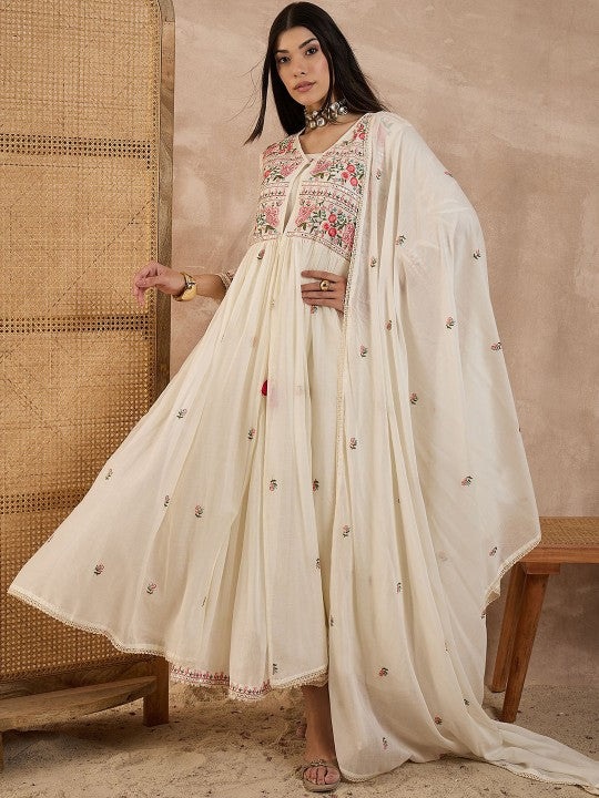 CHETI Floral Embroidered Pleated Thread Work Kurta With Trousers & Dupatta