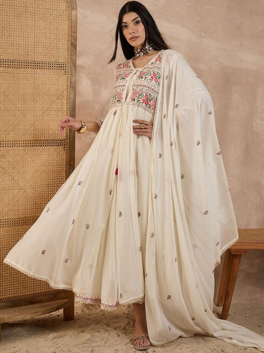 CHETI Floral Embroidered Pleated Thread Work Kurta With Trousers & Dupatta