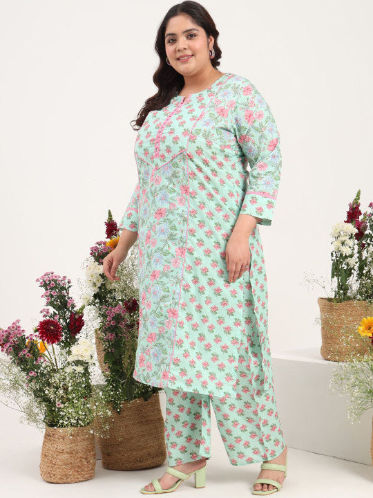 Tissu Plus Size Floral Printed Round Neck Pure Cotton Straight Kurta with Palazzos