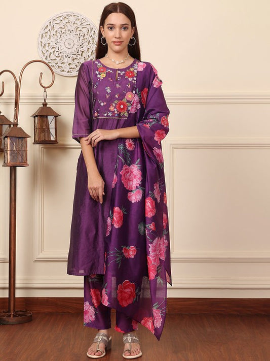 W Women Floral Embroidered Regular Sequinned Kurta with Trousers & With Dupatta