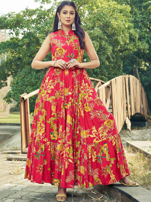 CHANSI Floral Printed Pleated Flared Maxi Dress