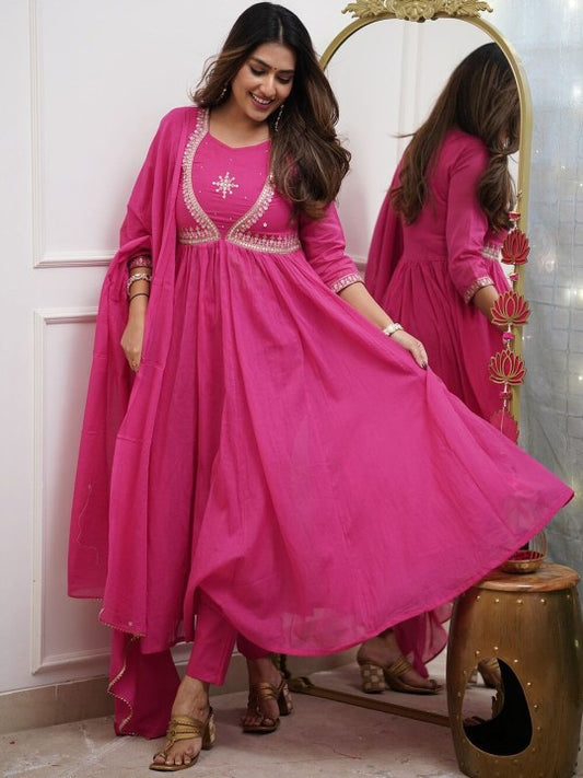 Floral Yoke Design Empire Sequinned Pure Cotton Kurta With Trousers & Dupatta