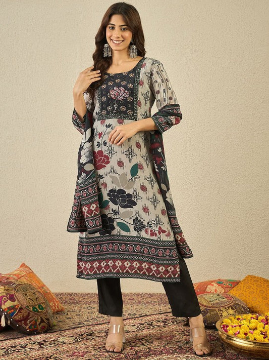 Inddus Women Floral Printed Hand Embroidered Kurta Set with Dupatta