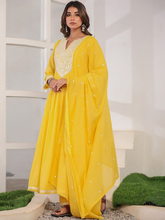 CHETI Geometric Yoke Design Pleated Mirror Work Anarkali Kurta With Trousers & Dupatta