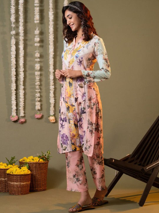 Floral Printed Pure Cotton Straight Tunic With Trouser