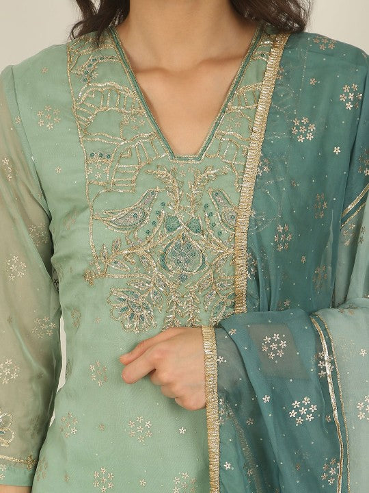 W Women Floral Embroidered V-Neck Zari Straight Kurta With Trousers & Dupatta