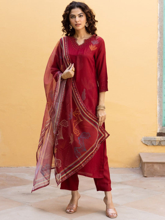 AUTUMN LANE Floral Printed Beads and Stones Straight Kurta with Trousers & Dupatta
