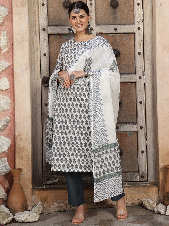 Taavi Floral Printed Pure Cotton Hand Block Print Kurta With Trousers & Dupatta