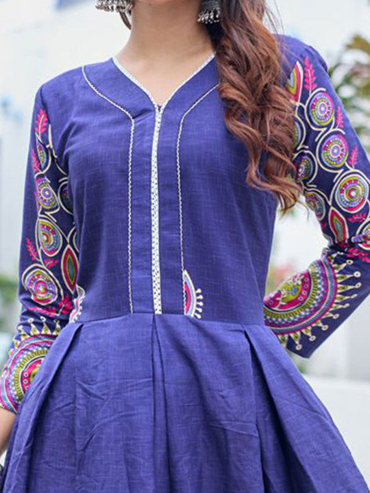 Floral Printed V-Neck Fit And Flare Ethnic Dresses