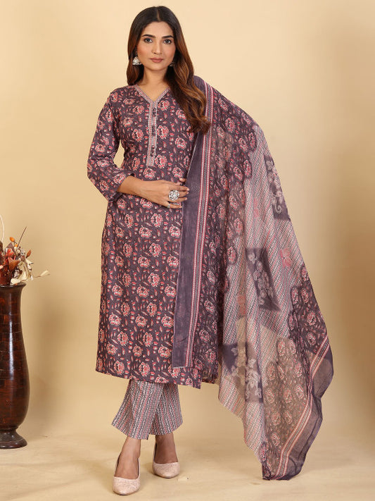 Floral Printed V Neck Pure Cotton Straight Kurta & Trousers With Dupatta