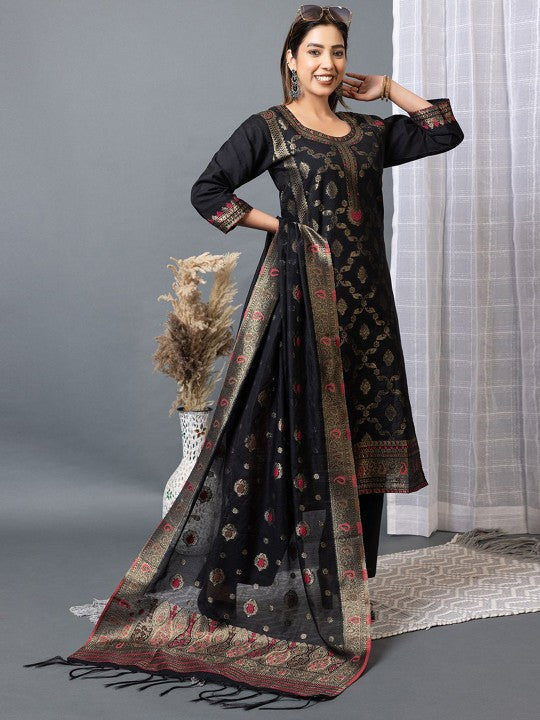 Floral Self Design Round Neck Straight Cotton Silk Kurta