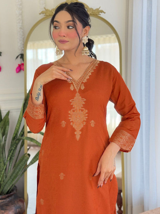 HERE&NOW Women Woven Design Regular Thread Work Kurta with Trousers & Dupatta
