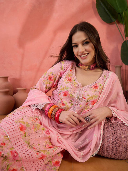 Floral Printed Pure Cotton V-Neck Straight Kurta With Trouser & Dupatta