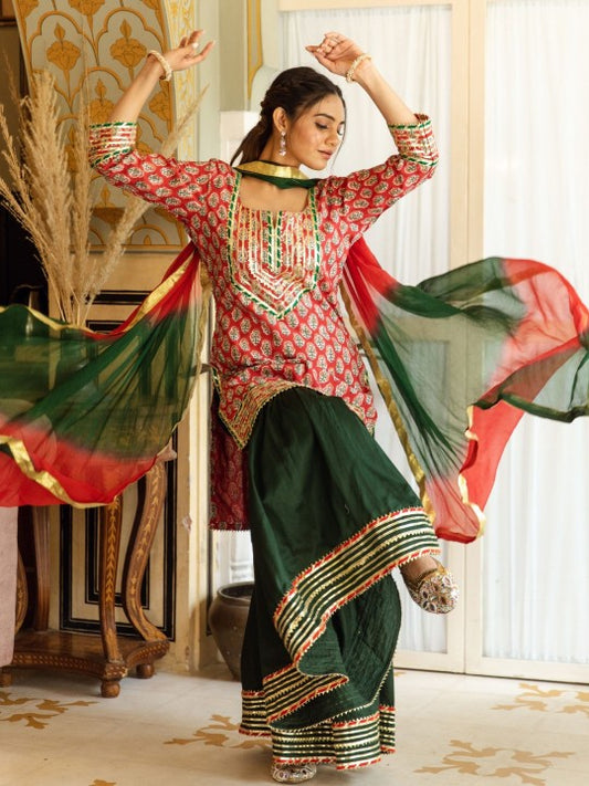 ASHEERA Women Ethnic Motifs Printed Regular Gotta Patti Pure Cotton Kurta with Sharara & With Dupatta