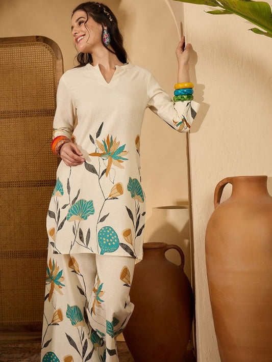 Floral Printed Pure Cotton Tunic & Palazzo Co-Ord Set