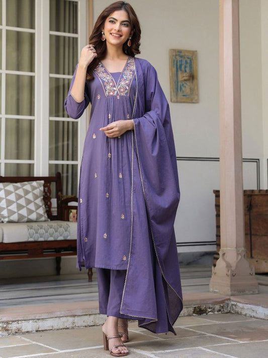 Janasya Women Floral Embroidered Pleated Sequinned Pure Cotton Kurta