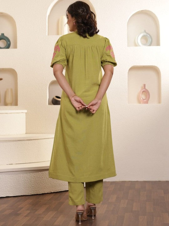 AUTUMN LANE Band Collar Puffed Sleeves Pure Cotton Top with Trouser Co-Ords