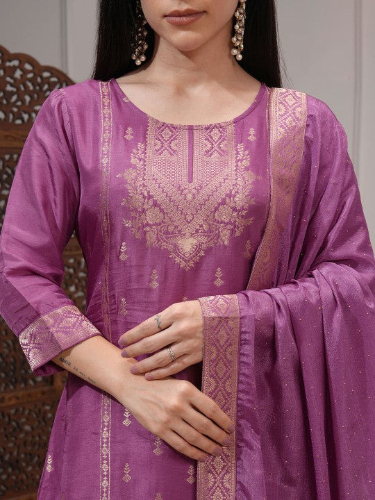 Vishudh Women Ethnic Motifs Woven Design Regular Kurta With Trousers Dupatta