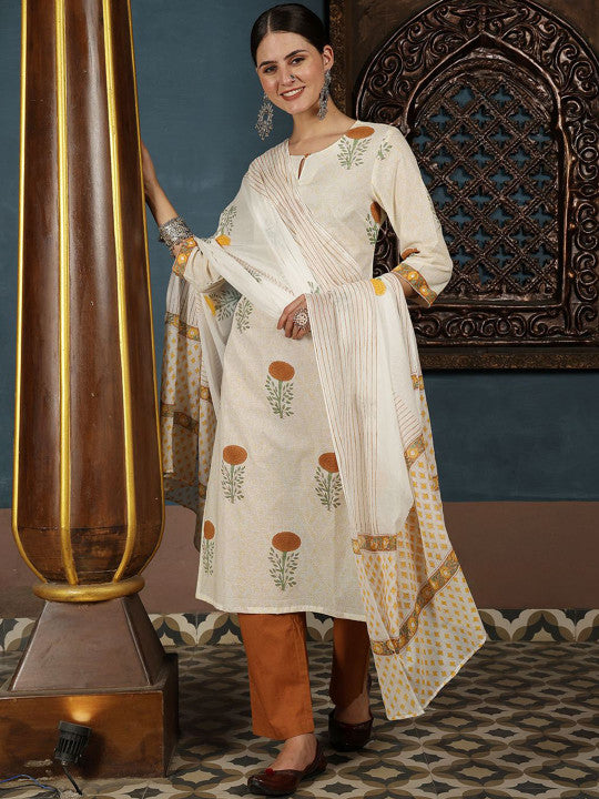 Taavi Floral Hand Block Print Pure Cotton Straight Kurta With Trousers & Dupatta