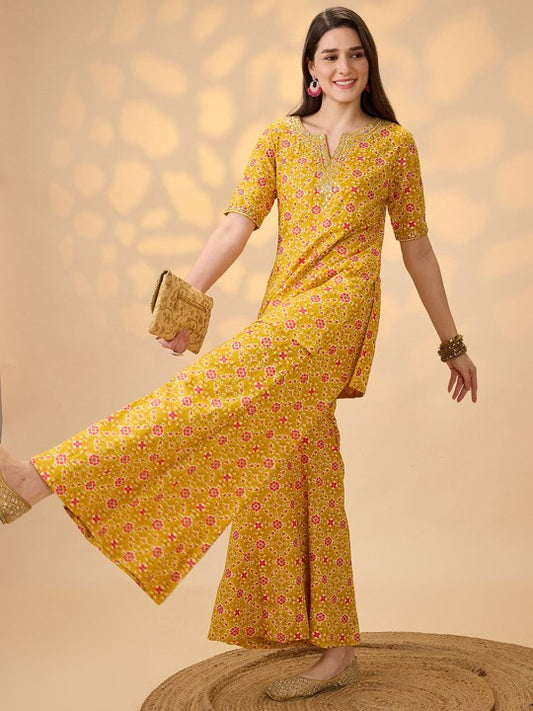 Globus Embroidered Round Neck Kurti & Palazzos Co-OrdsSet